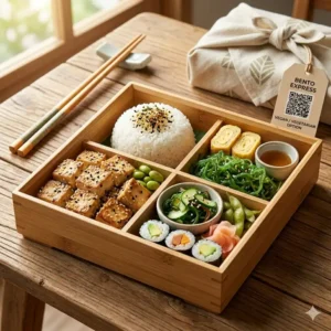 A healthy plant-based vegan bento box food delivery with crispy tofu and edamame.