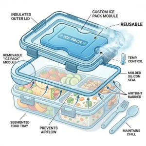 Diagram showing how food stays fresh and chilled inside the bento box lunch box with ice pack.