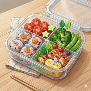 Decorative bento box picks used to garnish a healthy meal in a glass container