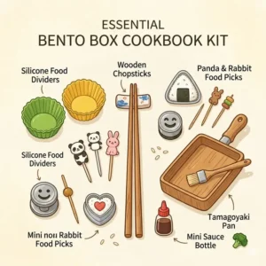 Illustration 3: A collection of essential kitchen tools and accessories recommended in a bento box cookbook.
