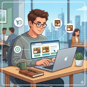 A busy professional in a modern office using a laptop for bento box online ordering during their lunch break.