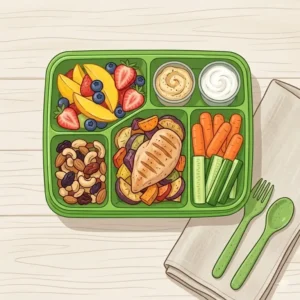 Top-down view of a multi-compartment bento box green showing separated portions of fruits and snacks.