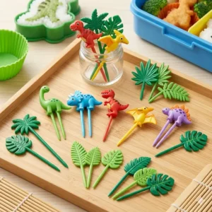 Graphic demonstration of using a 3D rice mold to create a T-Rex shaped rice ball for a bento box dino.