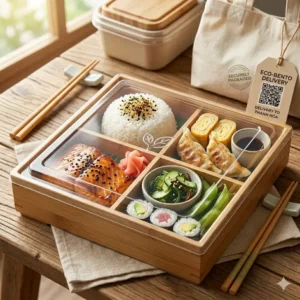 Eco-friendly and secure packaging for a professional bento box food delivery service.