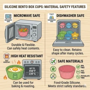 Technical illustration showing that food-grade silicone bento box cups are dishwasher safe and heat resistant.