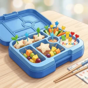 Colorful bento box picks placed in a blue partitioned lunch box for school.