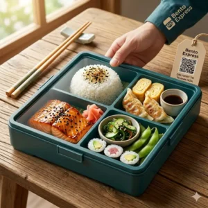 A friendly courier delivering a fresh bento box food delivery order to a customer.