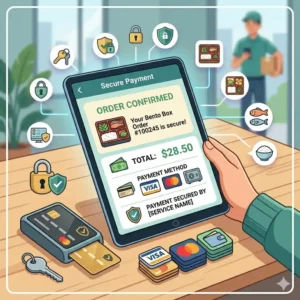 A secure digital payment screen with credit card icons for a safe bento box online ordering experience.