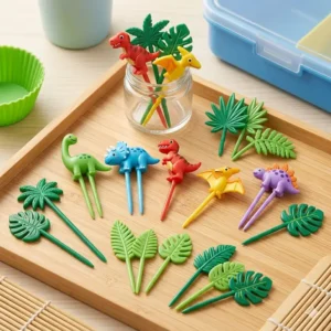 Colorful plastic dinosaur food picks and leaf accessories for decorating a bento box dino.