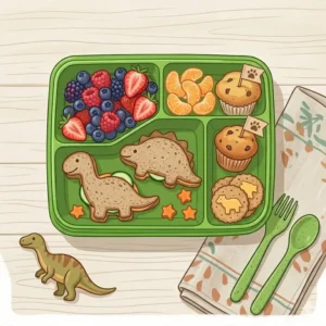 A small bento box green designed for kids featuring dinosaur-shaped sandwiches and colorful berries.