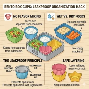 A diagram showing how using bento box cups keeps wet foods separate from dry crackers in a lunch container.
