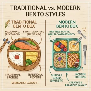 Illustration 4: A visual comparison between traditional and modern lunch styles featured in a bento box cookbook.
