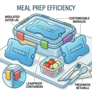 A healthy meal being prepared and organized inside a bento box lunch box with ice pack.