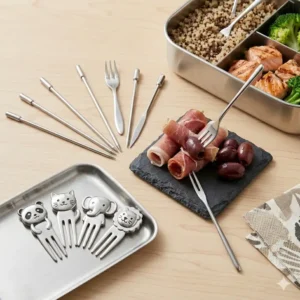 Durable stainless steel bento box picks and skewers for adult meal preparation.