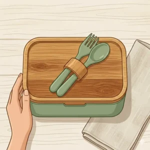 A modern and minimalist matte sage bento box green with bamboo lid and matching utensils.