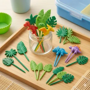 Illustration 5: Illustration of cucumbers and carrots cut into prehistoric plant shapes to complement a bento box dino theme.