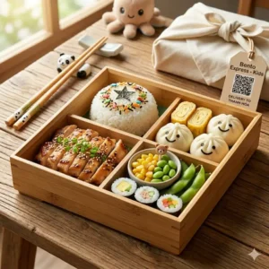 Colorful and fun kids' meal bento box food delivery with cute rice shapes.