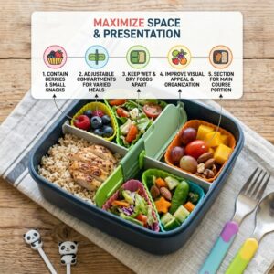 An infographic showing how bento box dividers maximize space and improve food presentation for office meals.