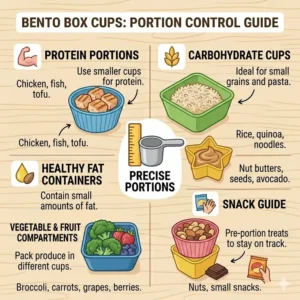An illustration demonstrating how to use small bento box cups for healthy portion control of snacks and treats.