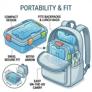 Demonstration of the compact size of the bento box lunch box with ice pack fitting into a backpack.