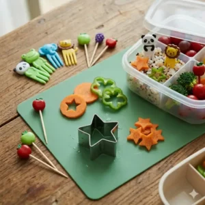 Star-shaped vegetable cutters paired with matching bento box picks on a cutting board.
