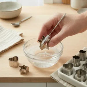 A person cleaning small bento box cutters with a brush to ensure food safety and hygiene.