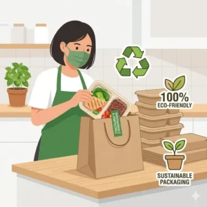 A display of eco-friendly and sustainable packaging used for every bento box online ordering delivery.
