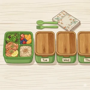 A row of several bento box green containers prepped with salads and proteins for a weekly meal plan.