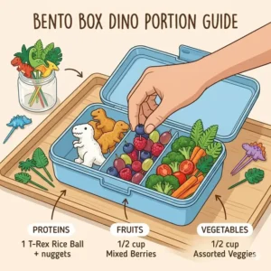 Illustration 6: A diagram showing healthy portion sizes for kids within a dinosaur-themed bento box dino.
