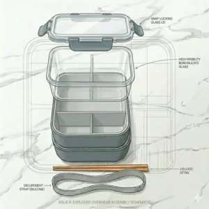 Direct overhead view of a professional bento box empty showing the symmetrical layout of the internal dividers.