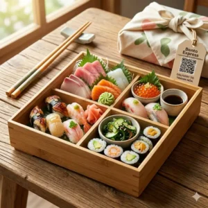 High-quality sushi and sashimi bento box food delivery for a luxury dining experience.