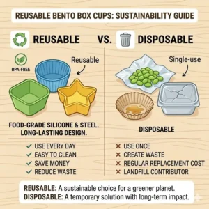 A graphic comparing reusable silicone bento box cups to single-use plastic wrap to highlight waste reduction.