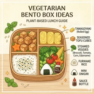 Illustration 6: Delicious plant-based and vegetarian meal options showcased in a bento box cookbook.