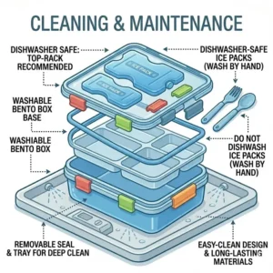 Exploded view of the dishwasher-safe components of the bento box lunch box with ice pack.