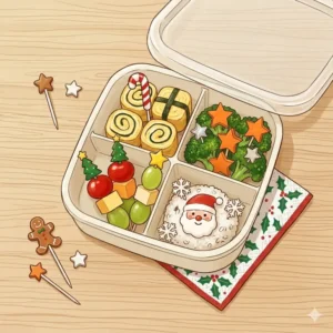 Festive Christmas-themed bento box picks decorating a holiday lunch box.