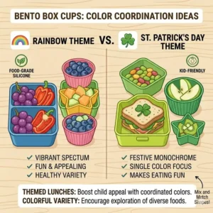 An illustration of a rainbow-themed kid’s lunch using vibrant and multi-colored bento box cups to make eating fun.