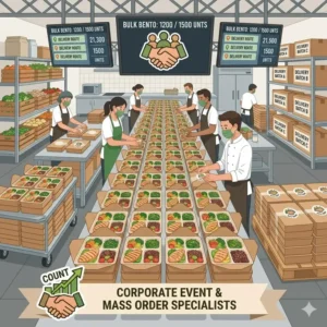 A conceptual drawing showing a large stack of boxes for corporate catering and bulk bento box online ordering.