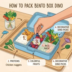 Step-by-step illustration showing the assembly of a bento box dino from the base layer to the final decorative touches.