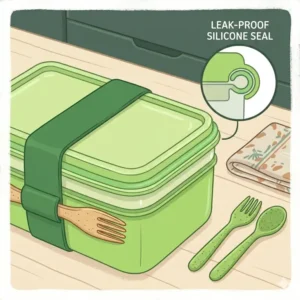 Close-up of the silicone seal on a bento box green lid demonstrating its leak-proof design for sauces.