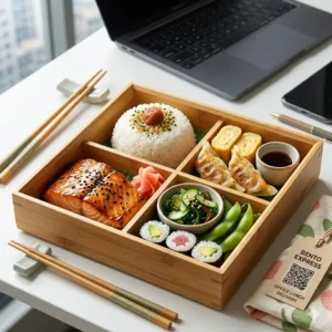Convenient bento box food delivery enjoyed at a workspace during an office lunch break.