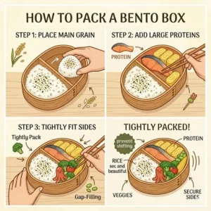 Illustration 7: A step-by-step guide on how to pack a lunch tightly, as taught in a bento box cookbook.