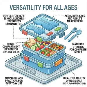 Illustration of the bento box lunch box with ice pack being used for both office workers and school children.