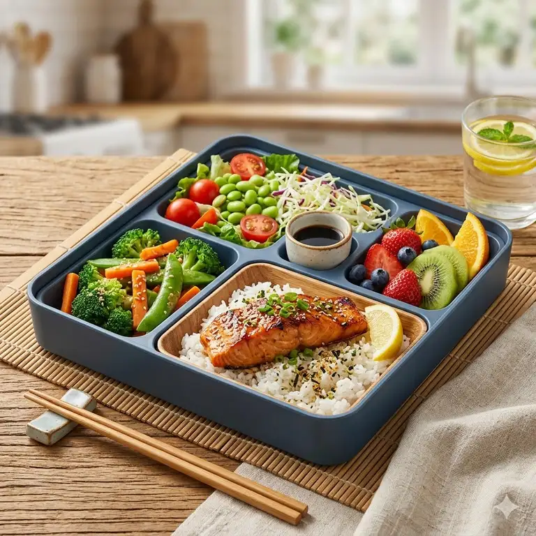 A high-quality featured image of bento box plates filled with a healthy salmon meal.