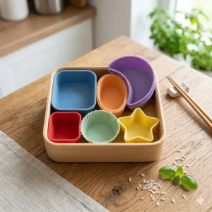 An overhead shot displaying a variety of shapes and sizes of bento box silicone cups for versatile meal prepping.