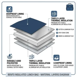 An illustrated cross section showing the triple layer insulation and leakproof lining of a bento insulated lunch bag.