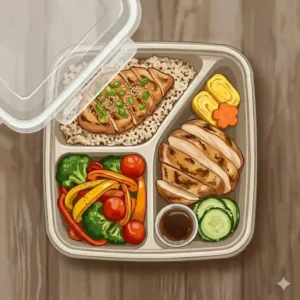 An eco friendly biodegradable wheat straw togo bento box with reusable utensils.