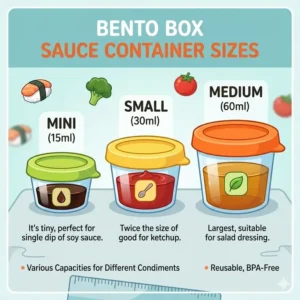 A size comparison chart showing various capacities of a bento box sauce container from mini to medium.