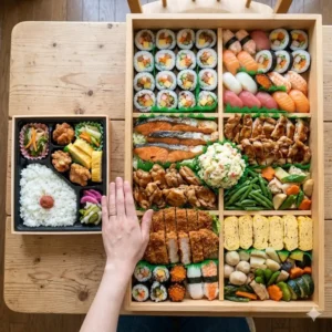 2: A top-down comparison view showing the largest bento box next to a standard single-serving Japanese lunch box for scale.