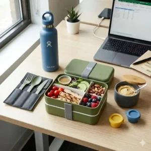 A set of small, colorful leakproof lunch box accessories for adults like condiment pods and sauce containers, holding salad dressing next to a meal prep container.