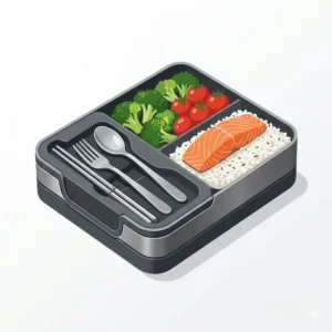 A sleek gray and silver modern bento box with utensils stored conveniently inside a dedicated lid compartment.